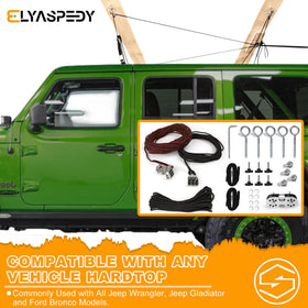 Elyaspedy lifting a Jeep hardtop with straps attached, illustrating one-person operation benefit
