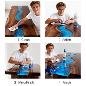 Ember Echo polishing in use on a resin table, restoring glossy shine