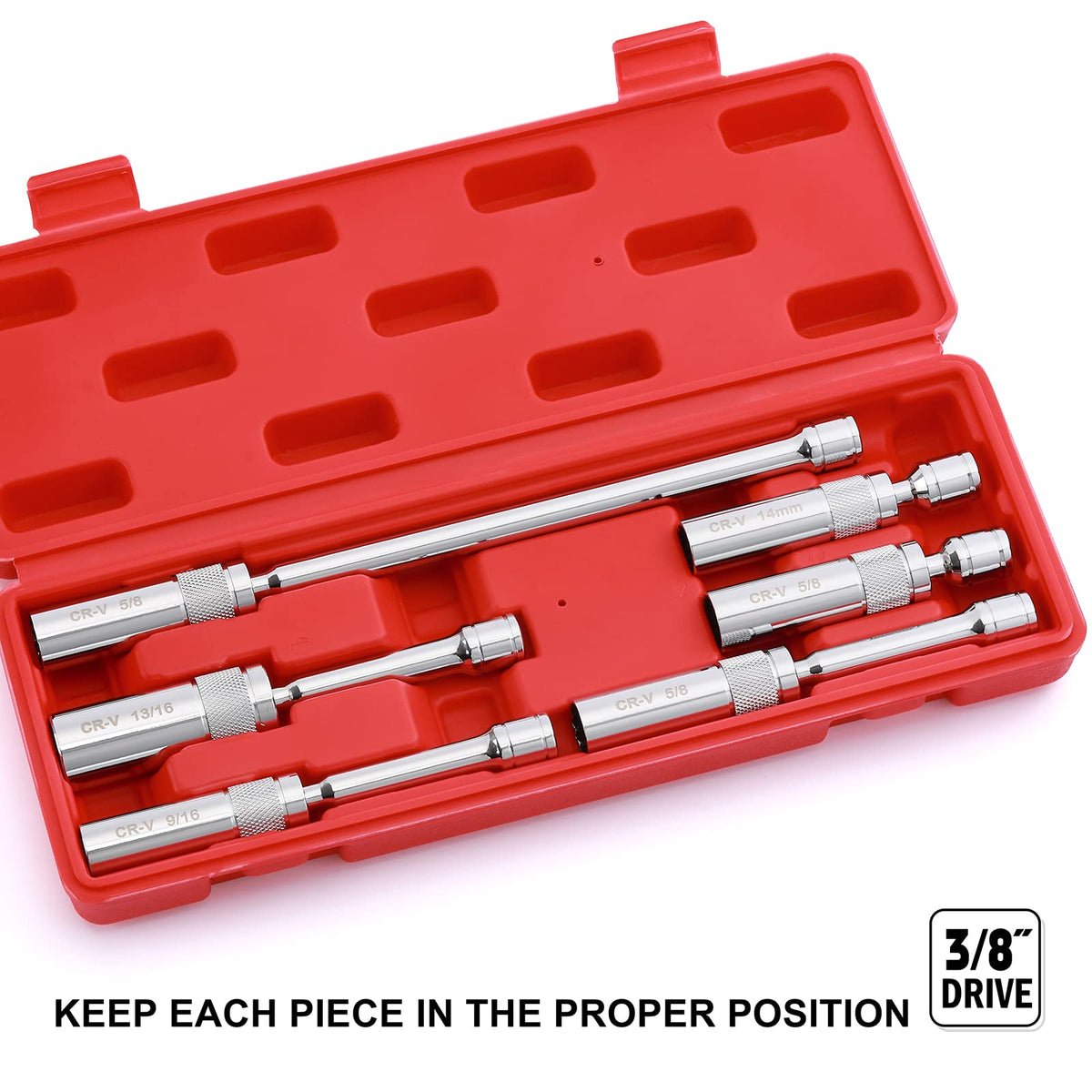 EMENTOL socket set in use on an engine bay reaching a recessed spark plug