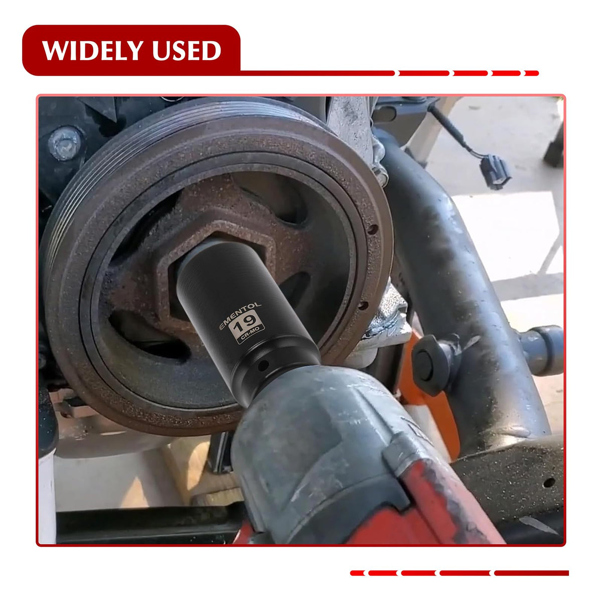 EMENTOL socket beside ruler showing compact 19mm size for tight engine bays