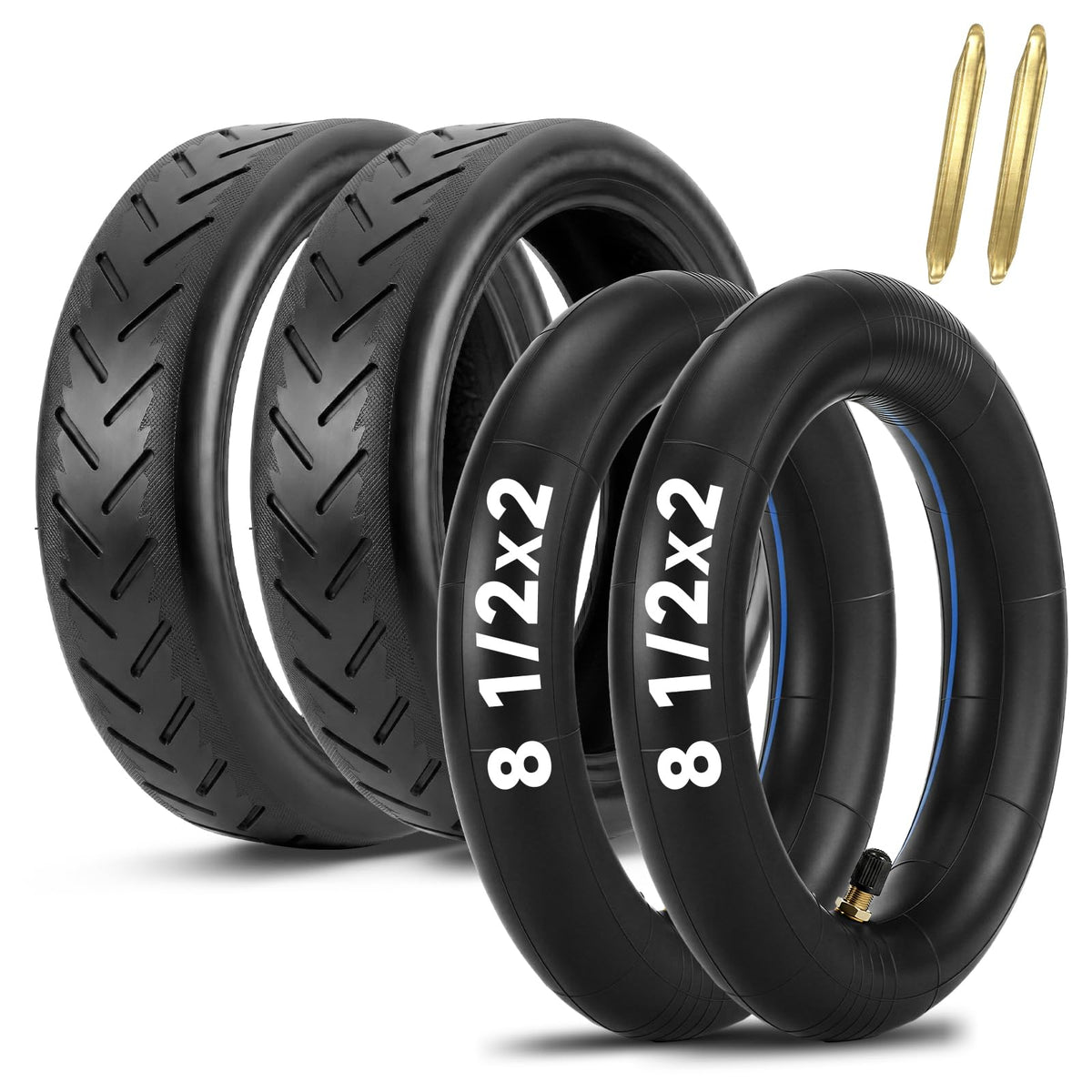 EMERK front view of packaged two tires and tools showing ready replacement benefits
