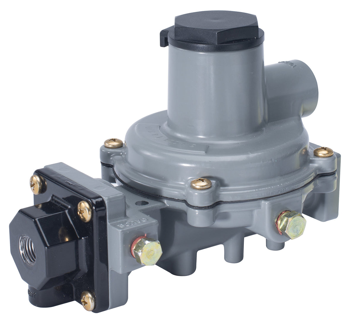 Emerson-Fisher regulator front profile showing compact body and mounting features for reliable pressure control