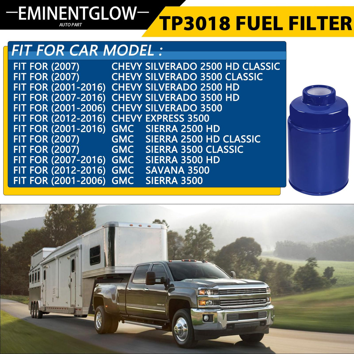 EMINENTGLOW filter mounted on truck fuel line illustrating secure fit and protection