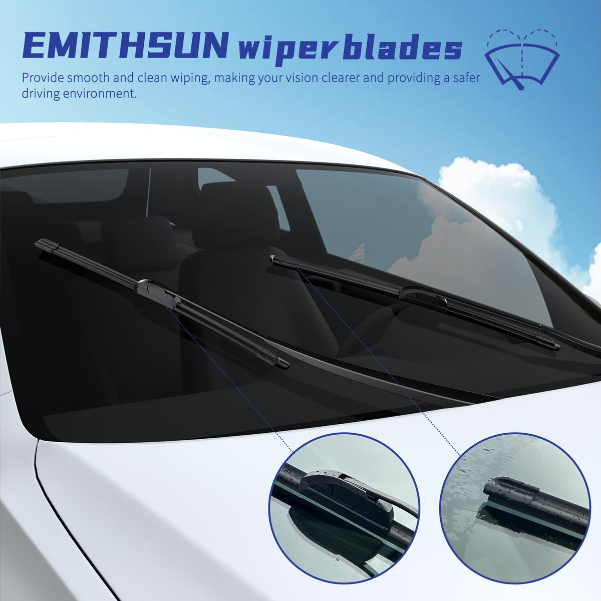 EMITHSUN wiper blades clearing a wet windshield to improve visibility in rain