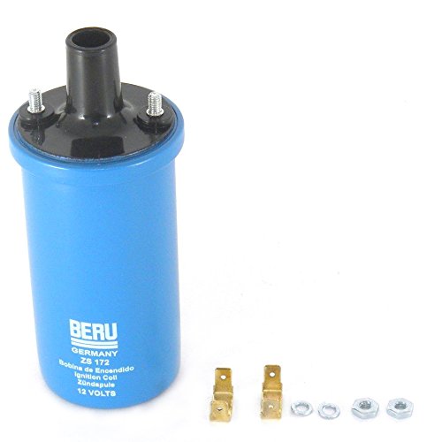 EMPI Beru blue ignition coil front view showing compact fit and reliable spark