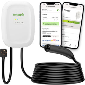 EMPORIA front view of white EV charger showing compact housing and clear labeling for easy installation