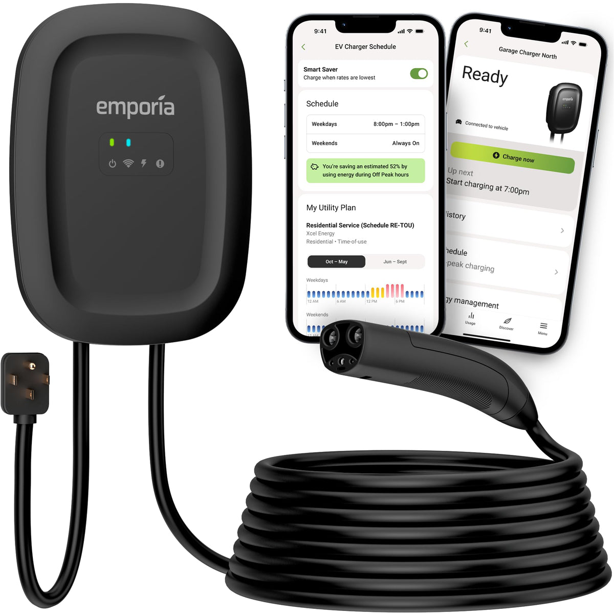 EMPORIA front view of black Level 2 charger showing compact design and faster charging