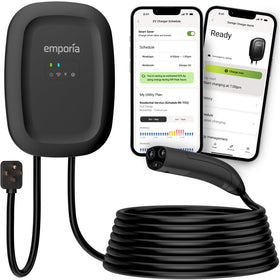EMPORIA front view of black Level 2 charger showing compact design and faster charging
