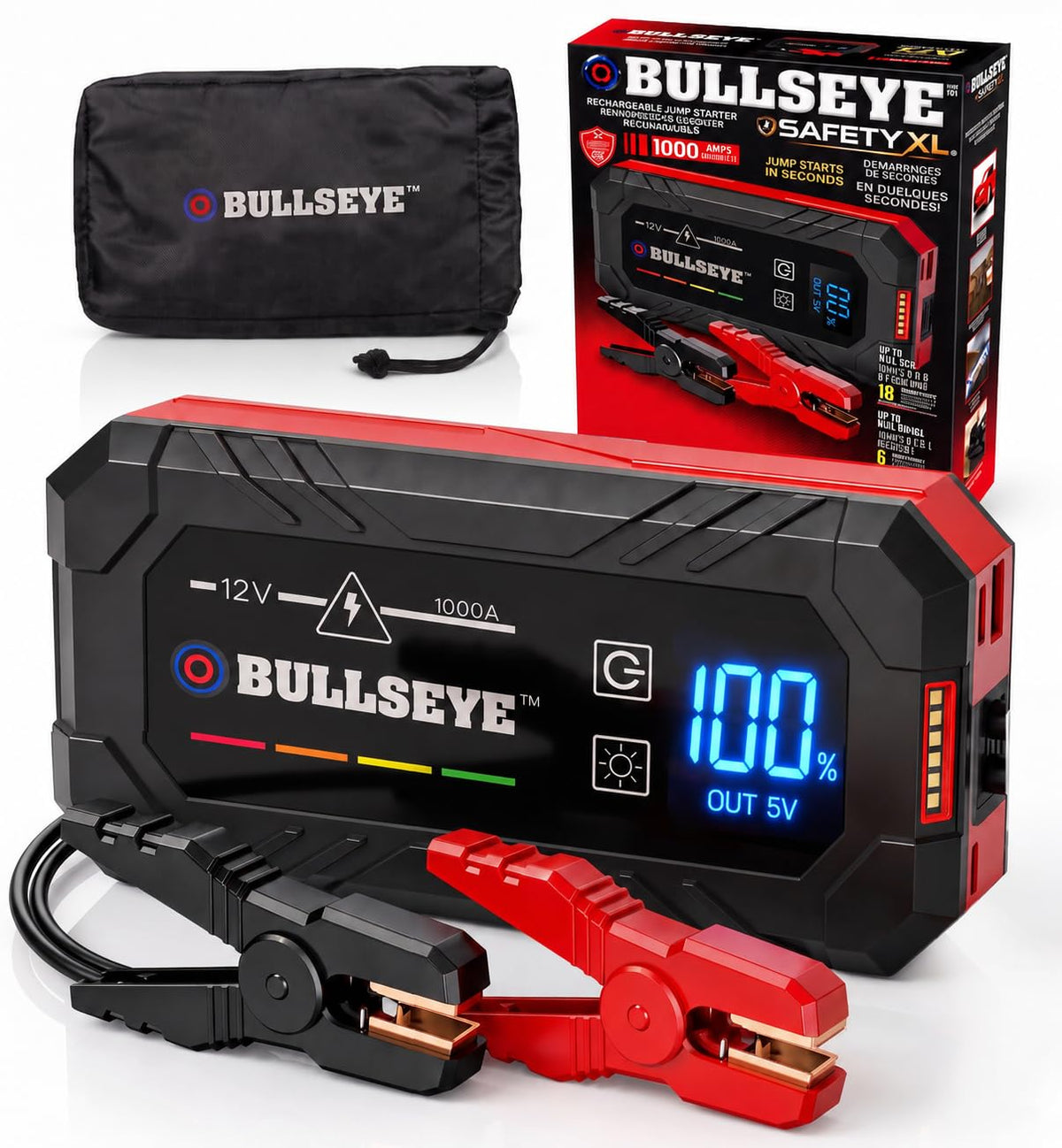 EMSON Bullseye SafetyXL front packaging showing compact booster and included cables for easy storage
