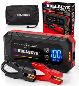 EMSON Bullseye SafetyXL front packaging showing compact booster and included cables for easy storage