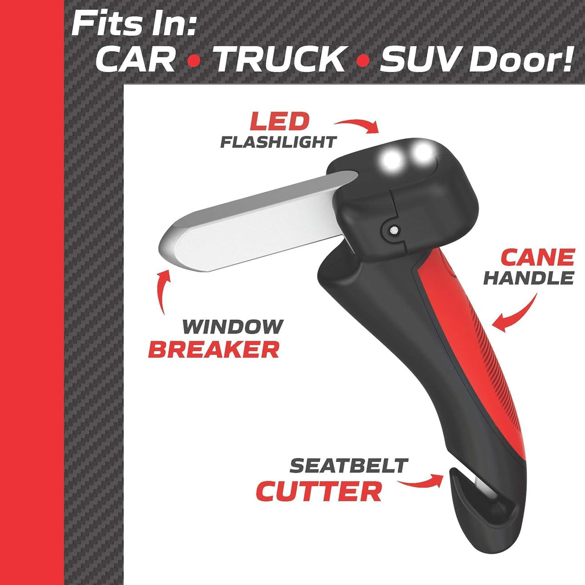 EMSON Car Cane showing seatbelt cutter window breaker and LED light