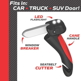 EMSON Car Cane showing seatbelt cutter window breaker and LED light