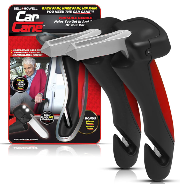 EMSON Car Cane front view showing two-handle pack and benefits