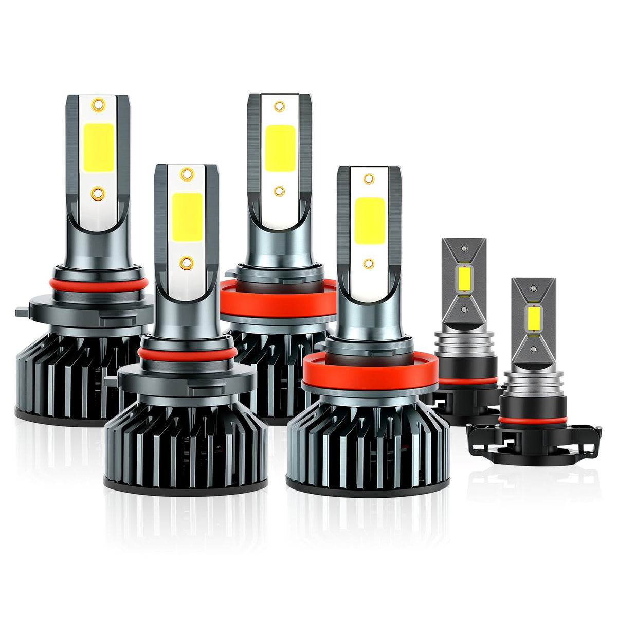 EMuna front-view of full LED headlight and fog light kit showing a complete upgrade benefit