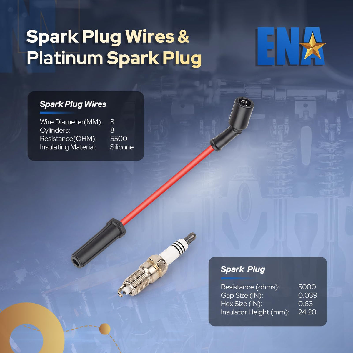 ENA close-up of platinum electrode tip on spark plug highlighting durability benefit
