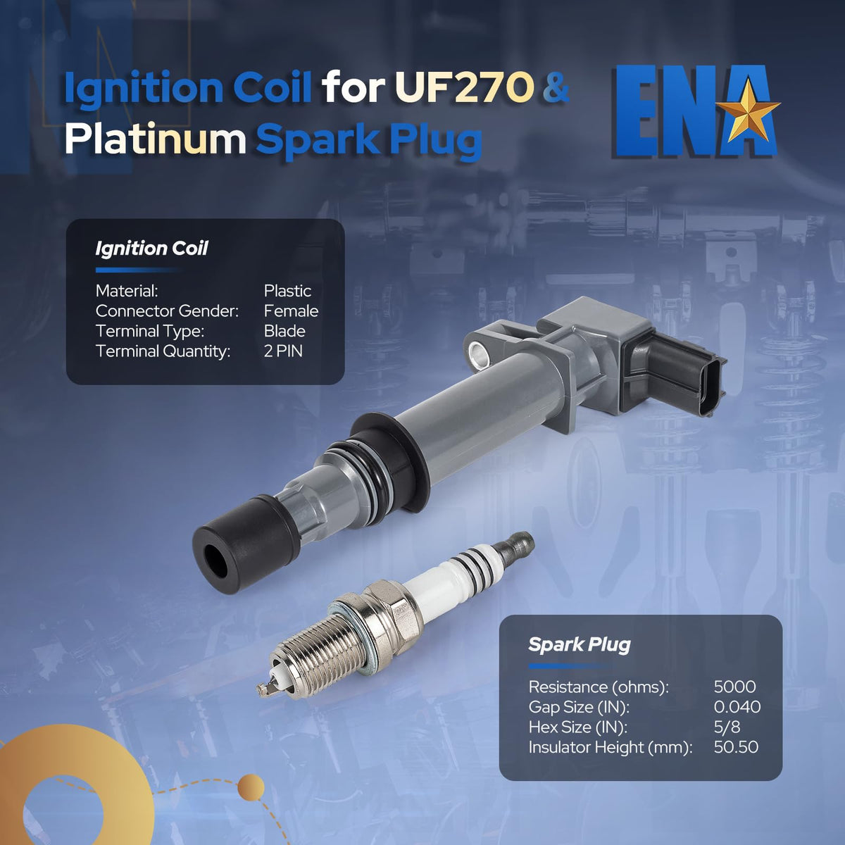 ENA close-up of UF270 ignition coil highlighting connector and build quality for reliable fit