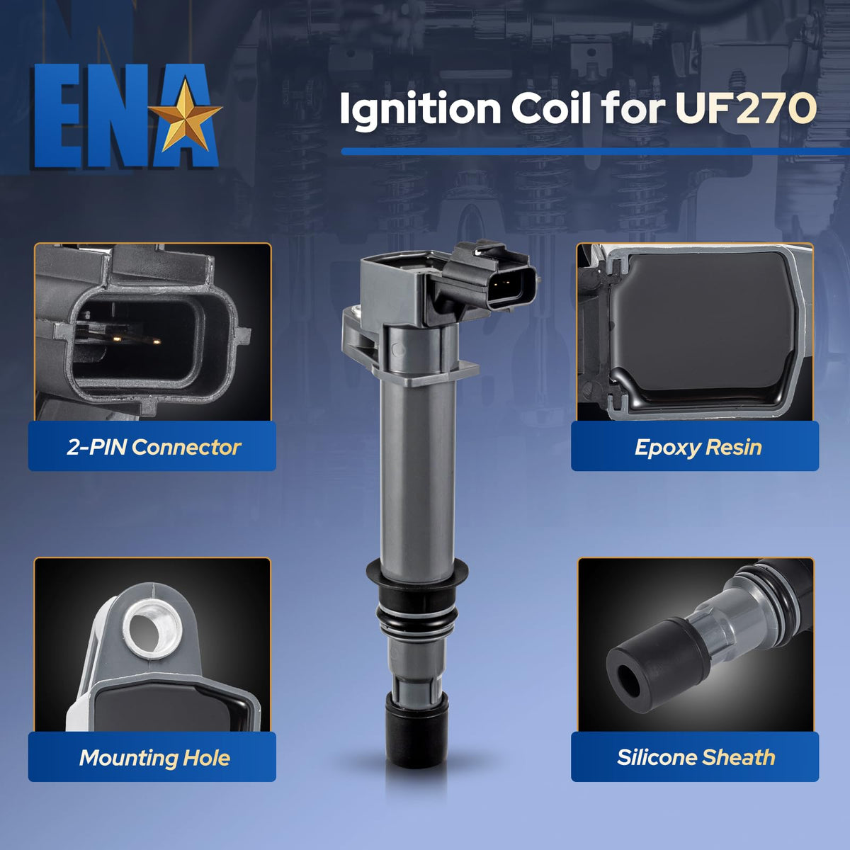 ENA ignition coil installed on engine demonstrating direct-fit replacement and easy swapping