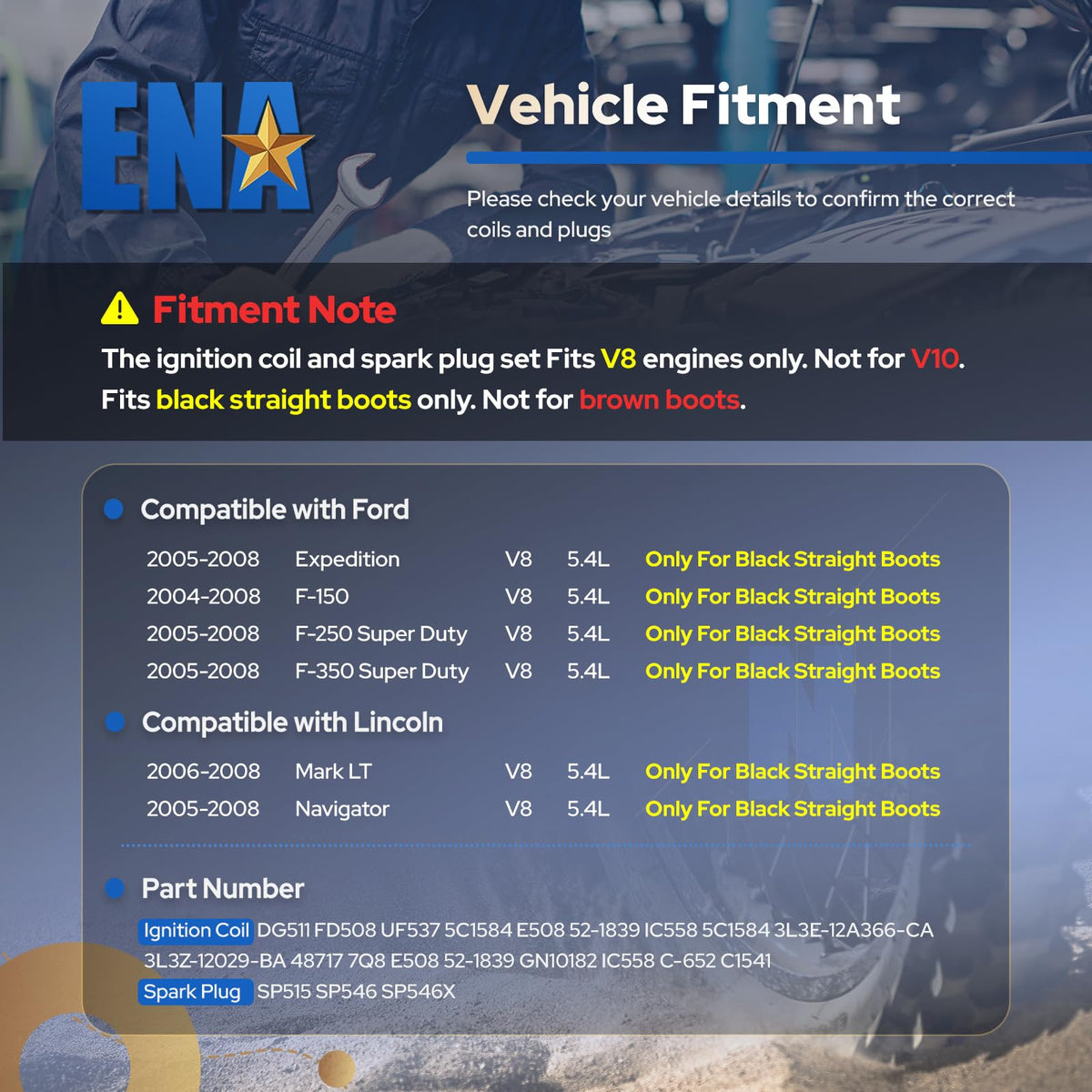 ENA kit packed showing all eight coils and eight spark plugs for full-bank replacement
