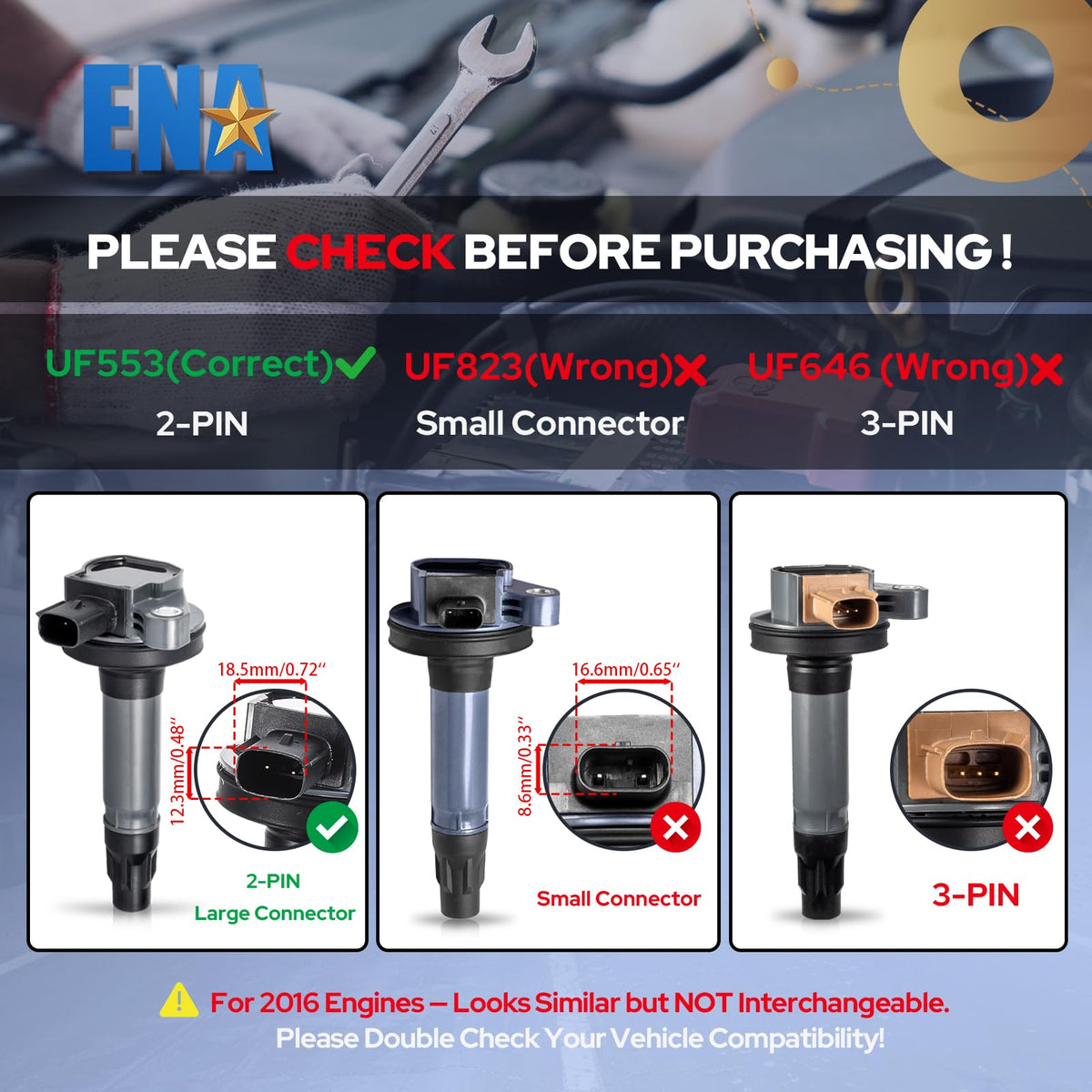 ENA coil pack side label displaying model references for quick vehicle matching benefit