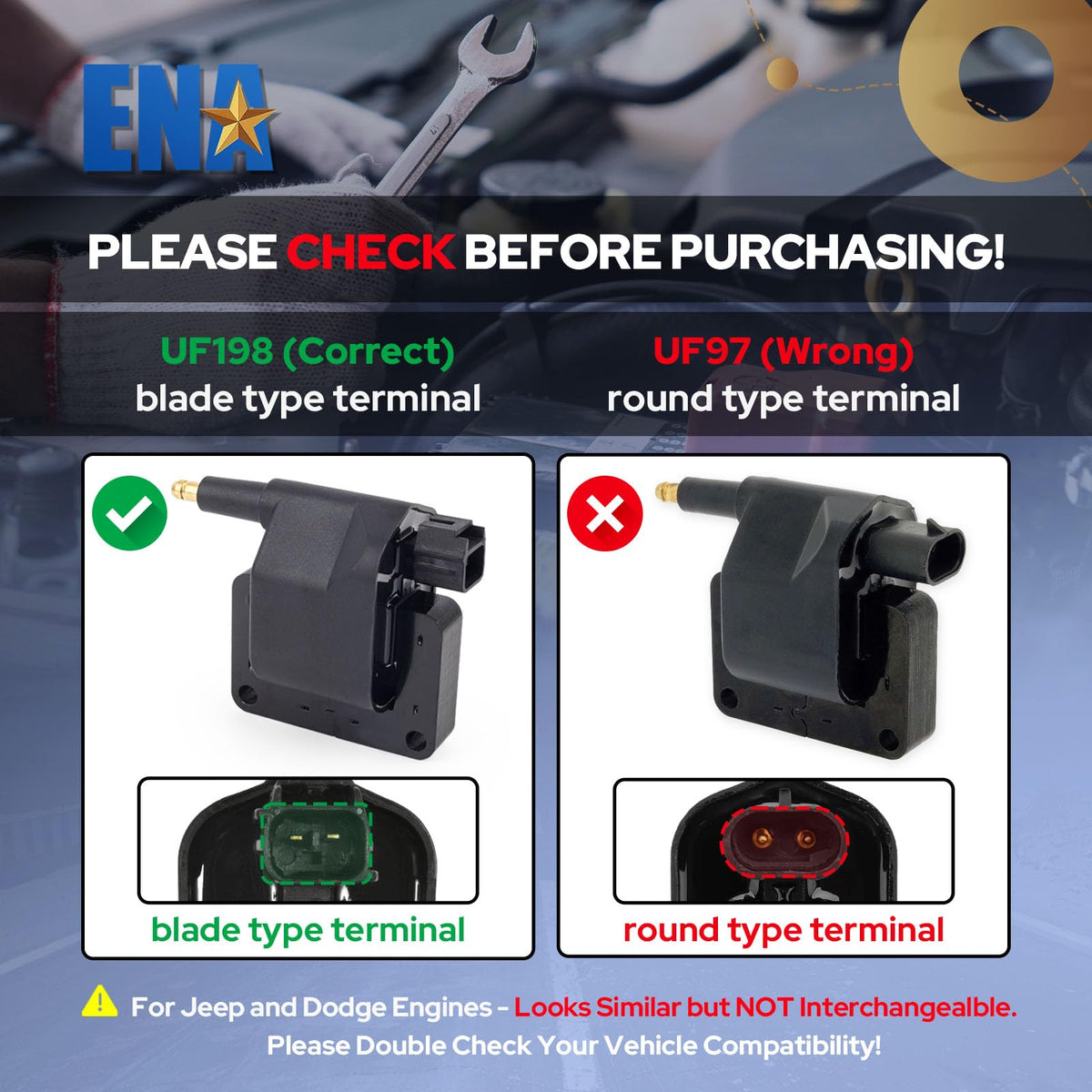 ENA coil pack side mount detail displaying bolt-on design for quick install
