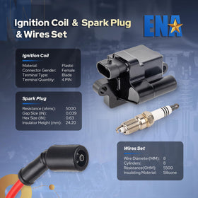 ENA coils, spark plugs and wires laid out to show included parts and scale