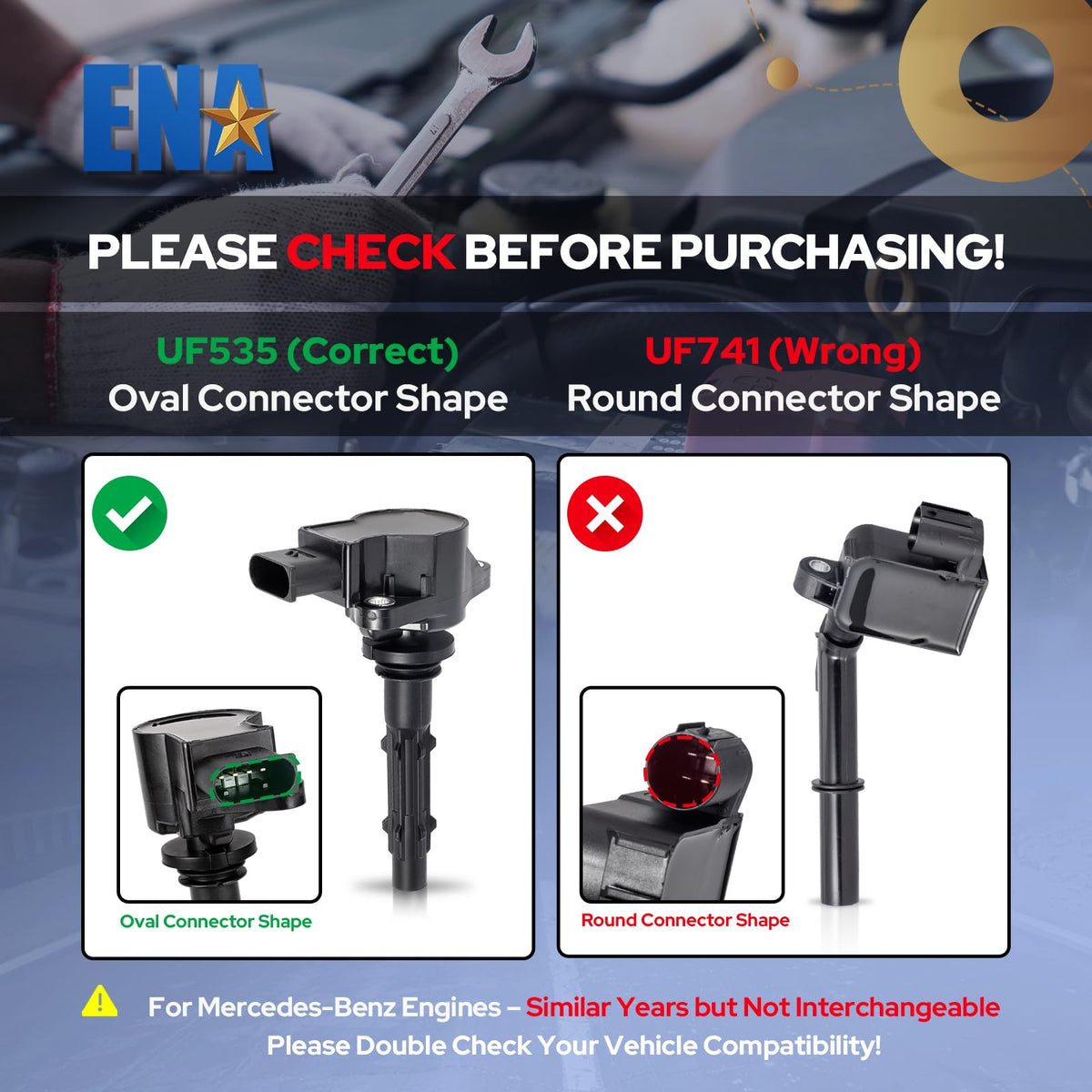 ENA connector close-up showing pin layout and clear match to vehicle harness for correct fit