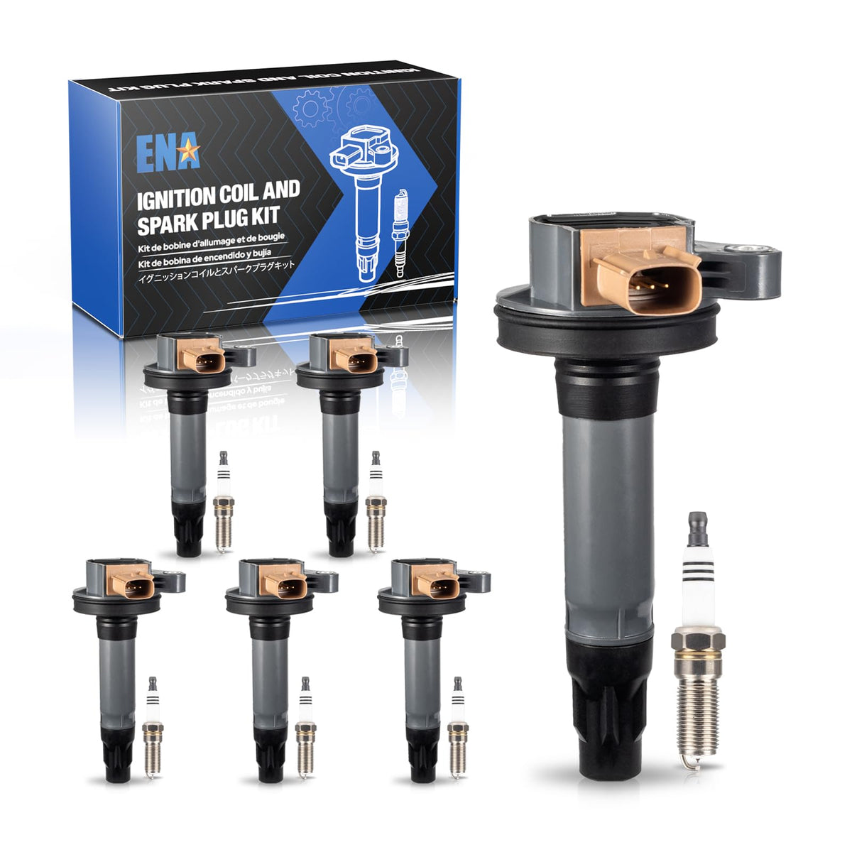 ENA front packaging showing six coils and six plugs with clear fitment benefit
