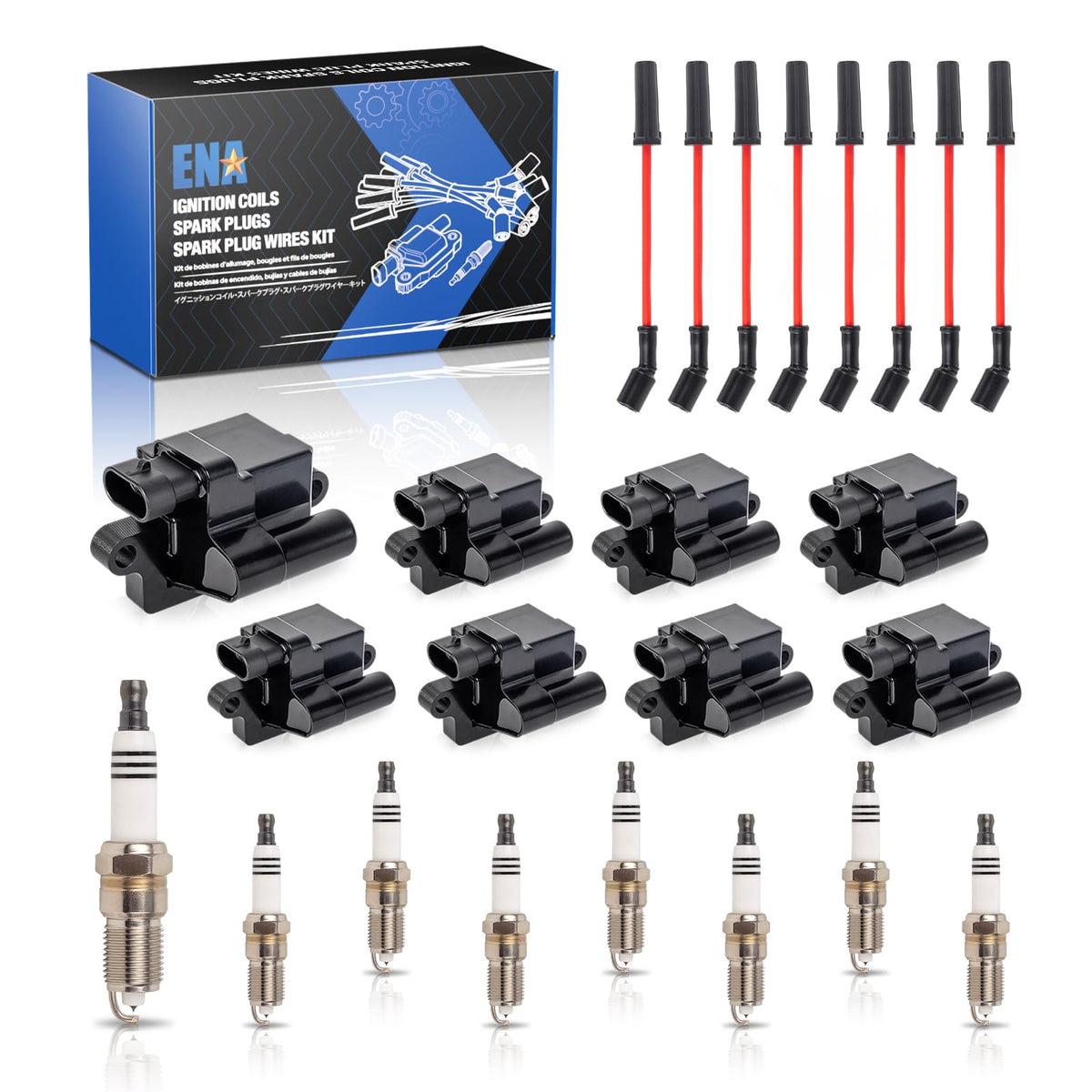 ENA front packaging showing complete coil, plug and red wire kit for easy replacement