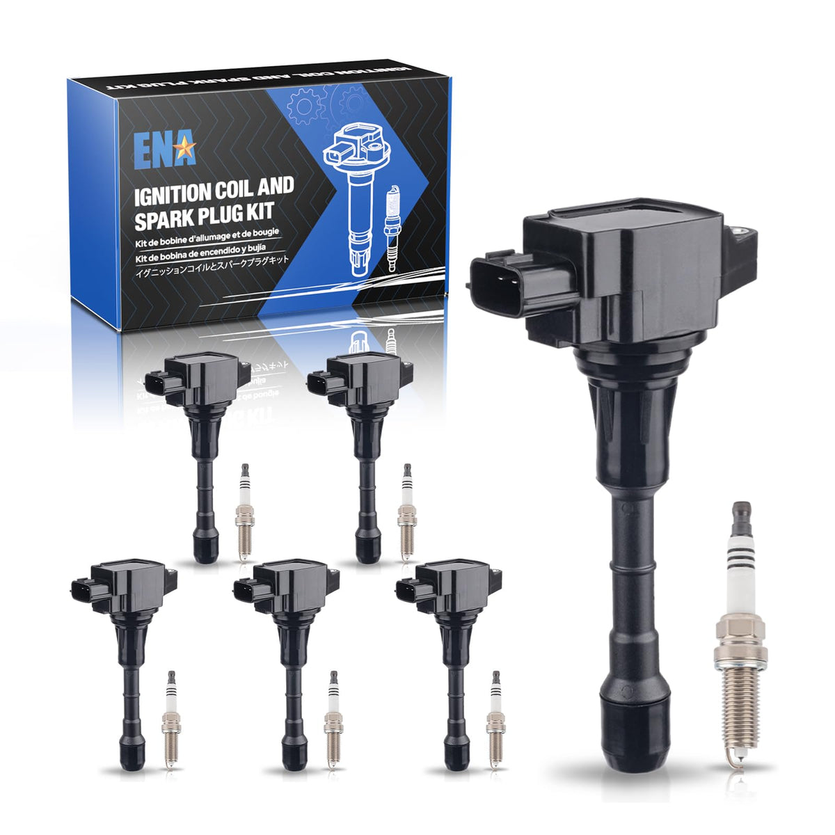 ENA front packaging showing full 6-plug and 6-coil kit, clear compatibility info