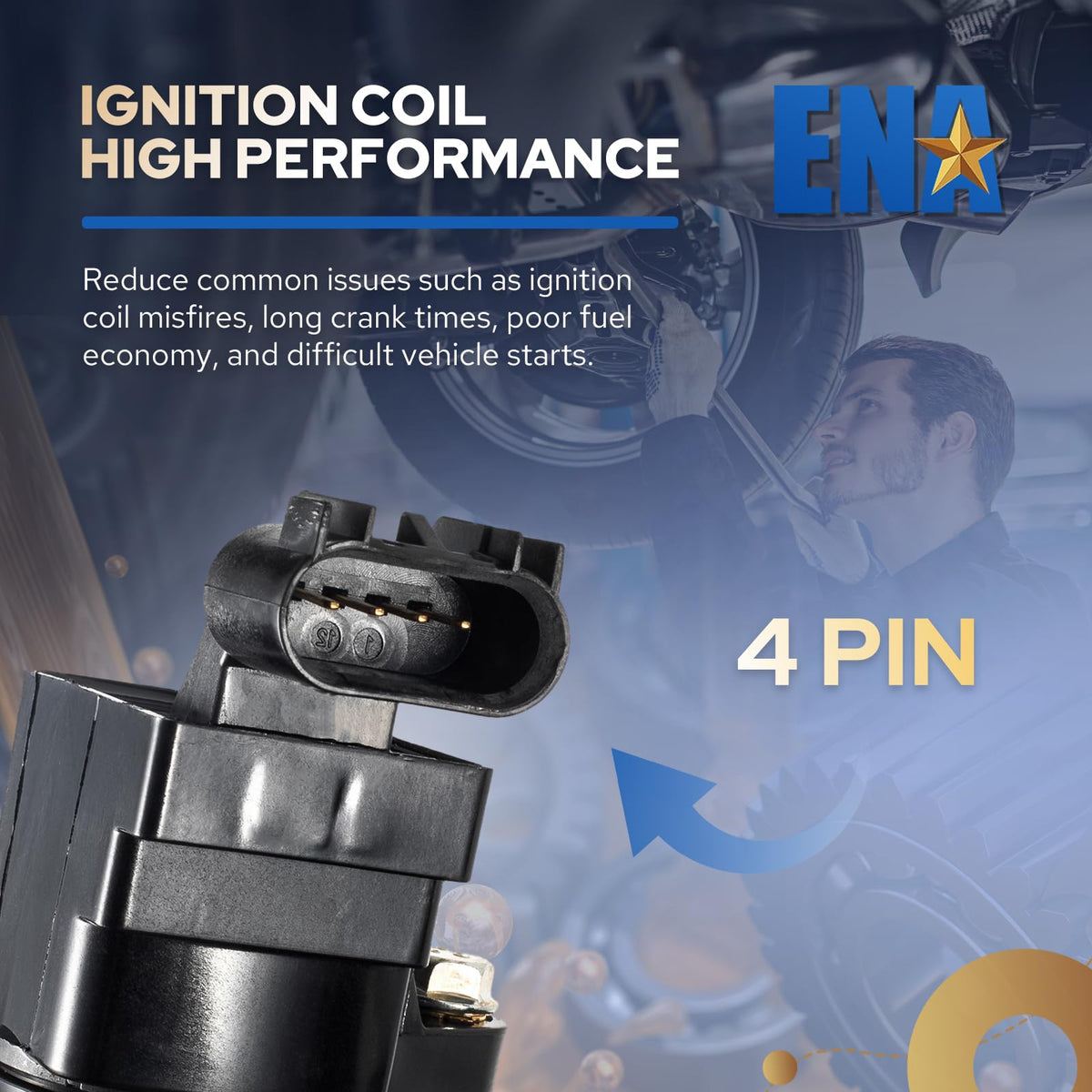 ENA ignition coil installed on engine showing easy bolt-in replacement and fitment