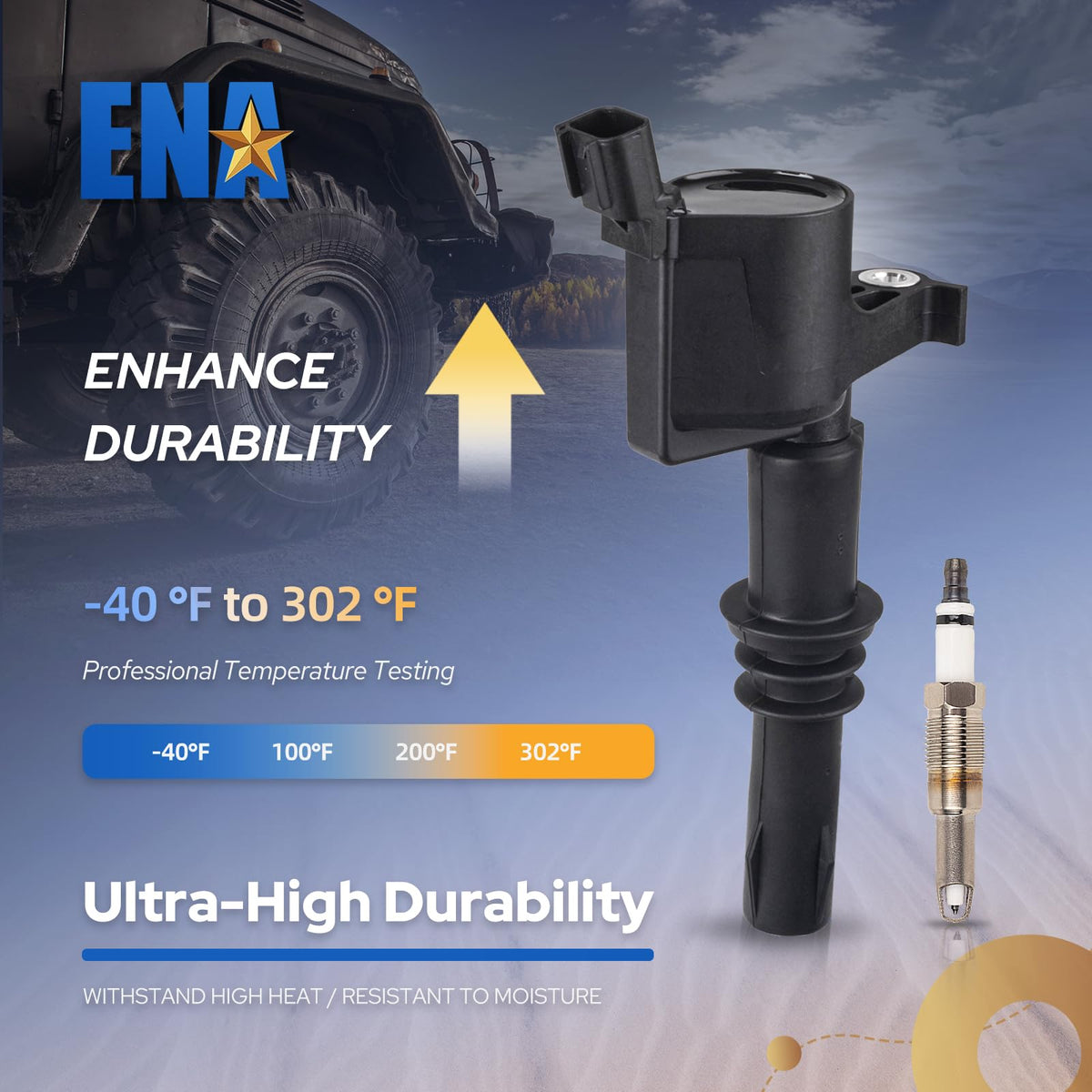 ENA ignition coil installed on engine showing bolt-on mount for easy mechanic installation