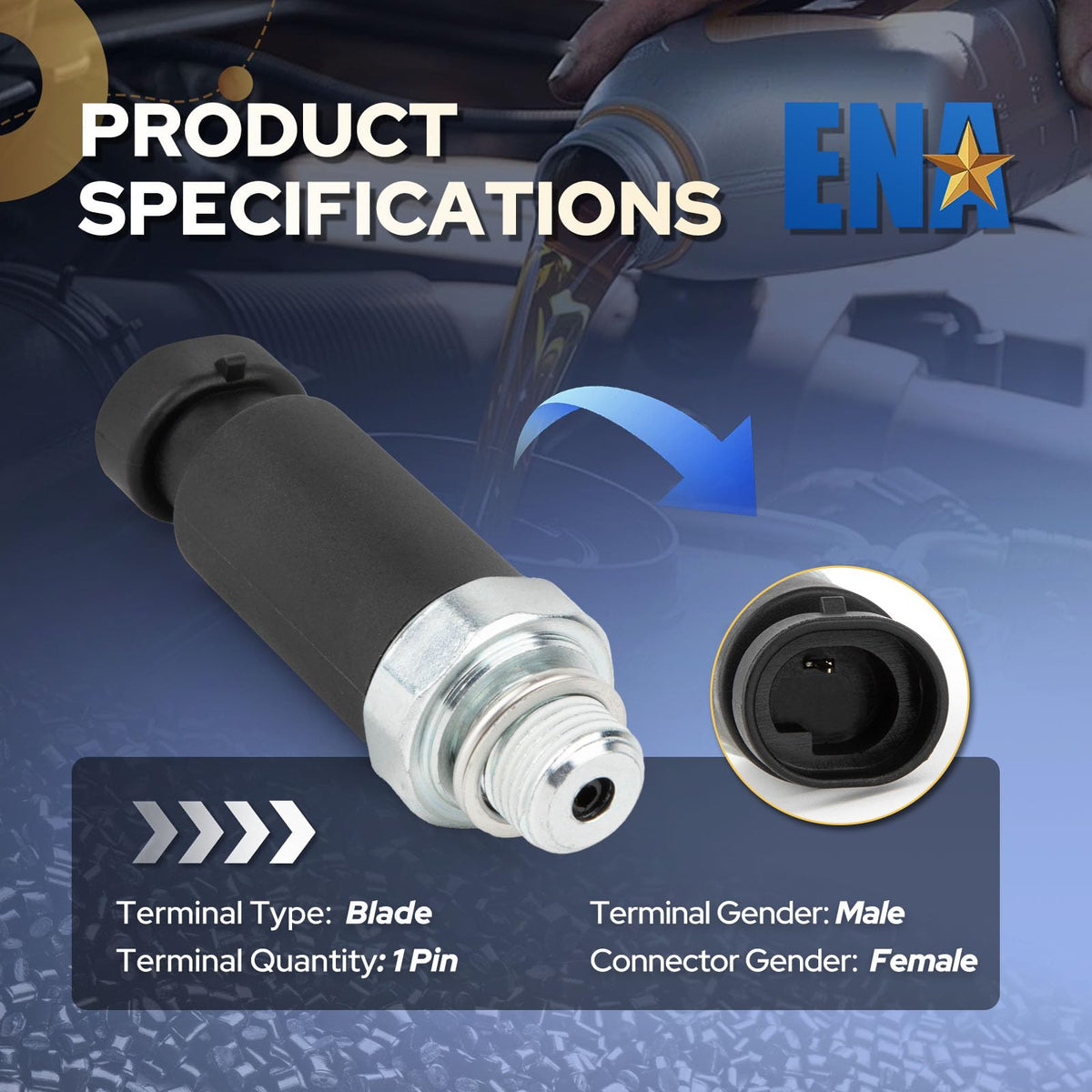ENA oil pressure switch mounted in engine bay demonstrating direct-fit installation