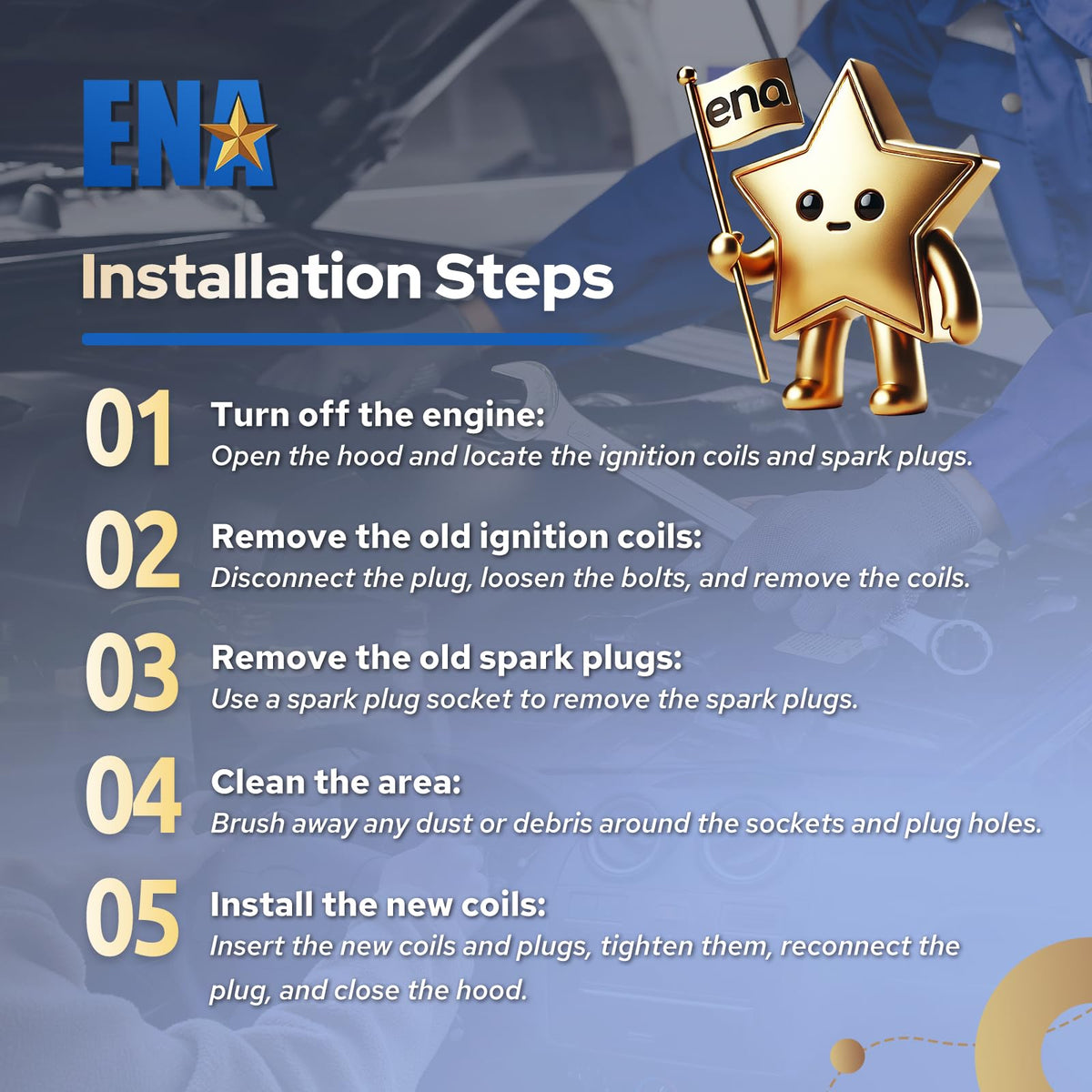 ENA packaging contents laid out to show all six plugs and six coils included