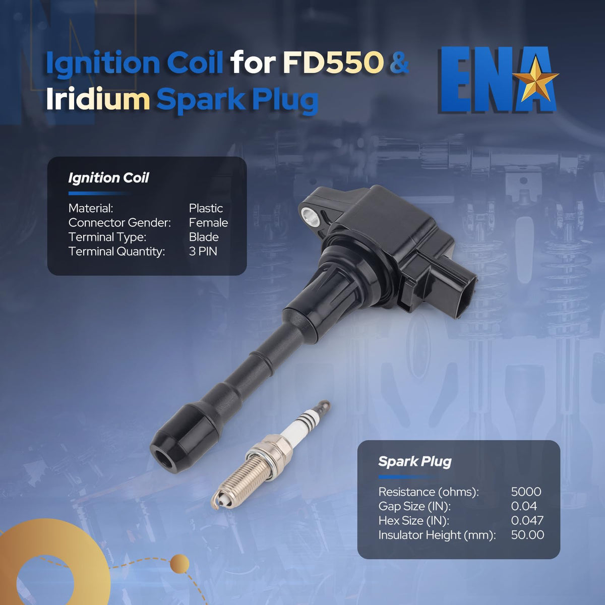 ENA spark plug and coil assembled together demonstrating correct fit and alignment