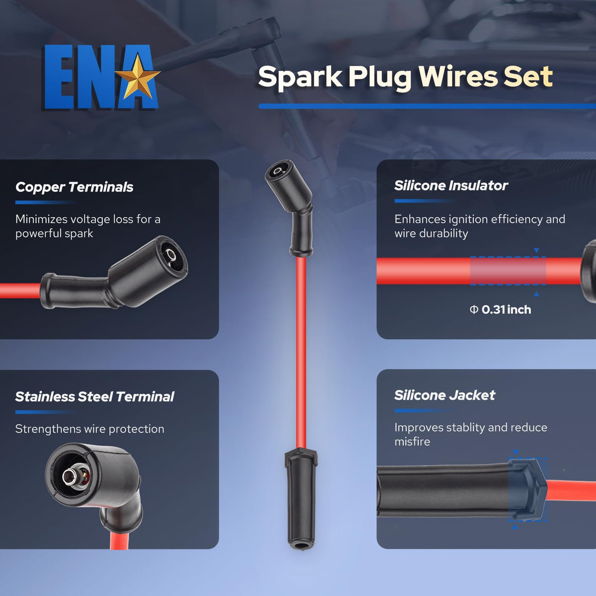 ENA eight platinum spark plugs arranged to show complete set benefit