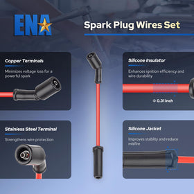 ENA eight platinum spark plugs arranged to show complete set benefit