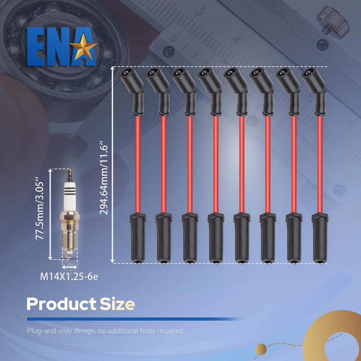 ENA single spark plug beside ruler showing dimensions for correct fitment benefit