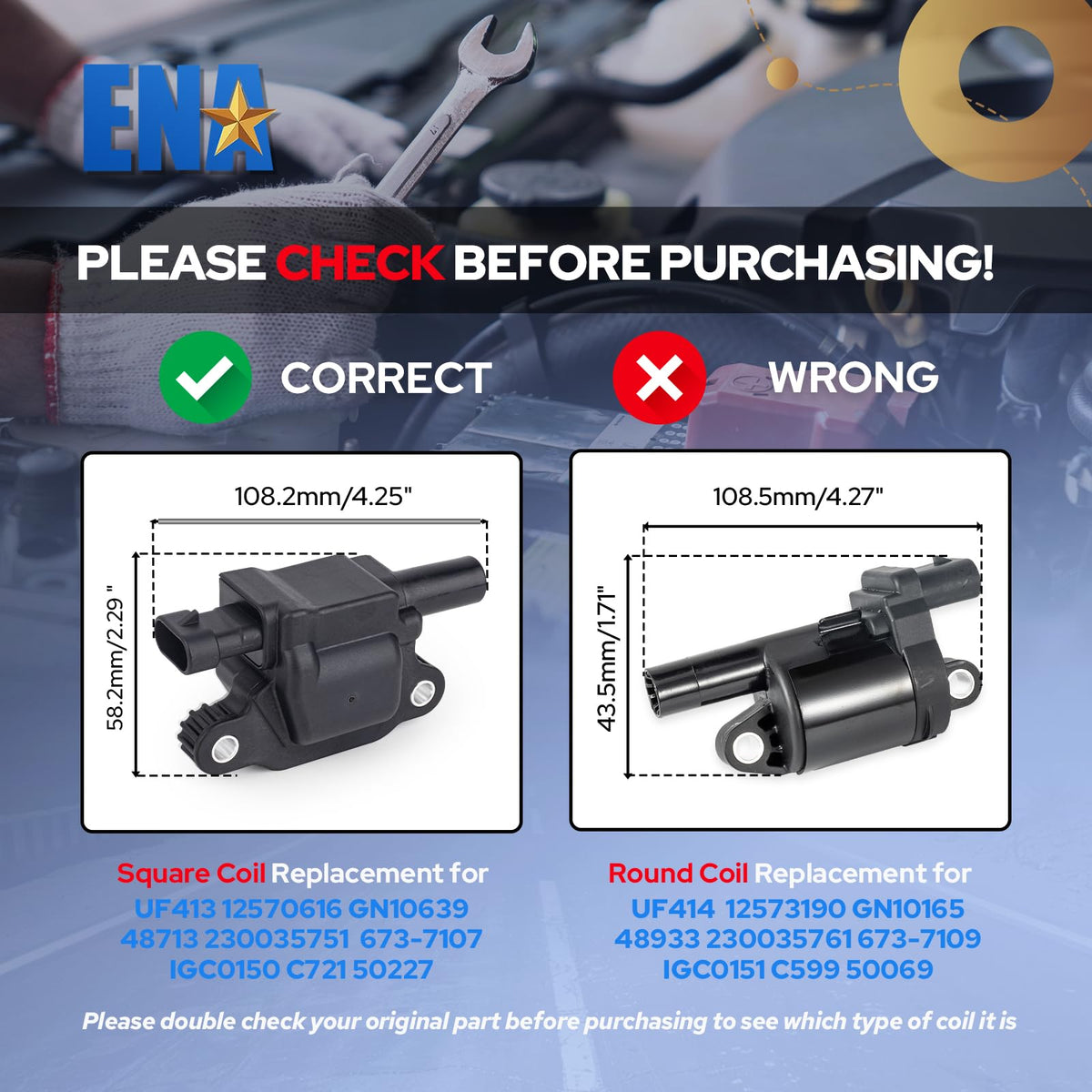 ENA square UF413 coil close-up highlighting durable construction and fit