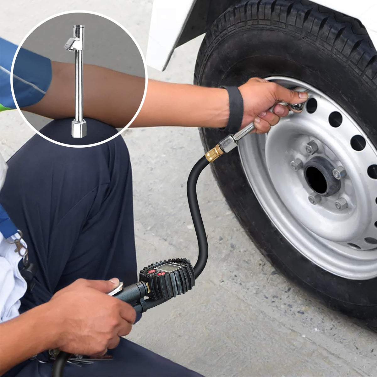 ENDARK inflator attached to car tire valve in use for quick accurate inflation