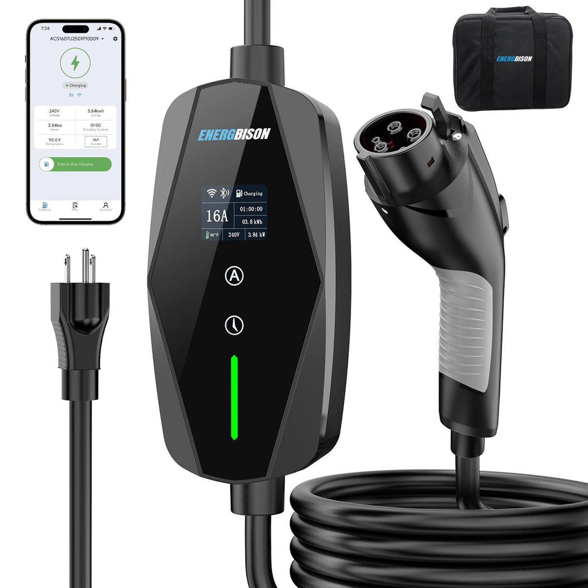 Energbison front angle charger showing compact housing and easy portability benefit