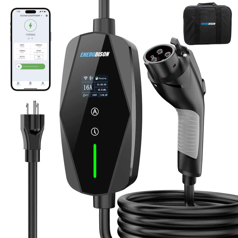 Energbison front angle charger showing compact housing and easy portability benefit