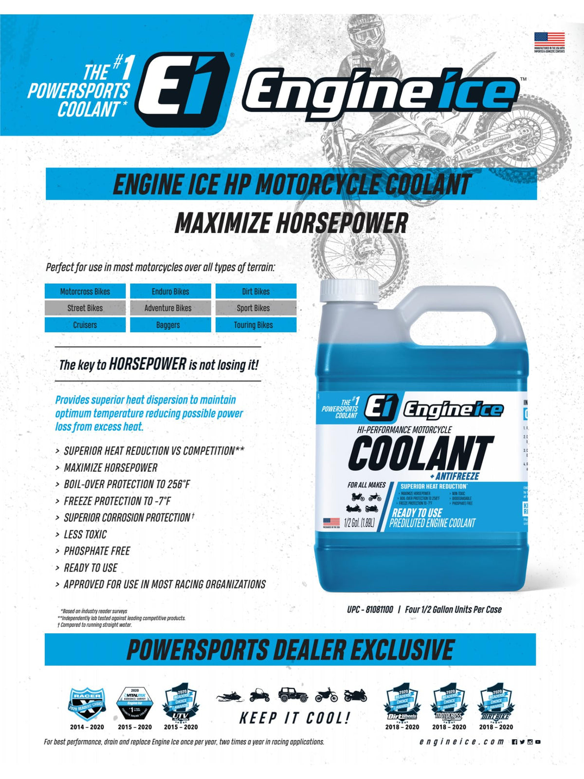 Engine Ice bottle being poured into motorcycle radiator showing quick, convenient fill benefit