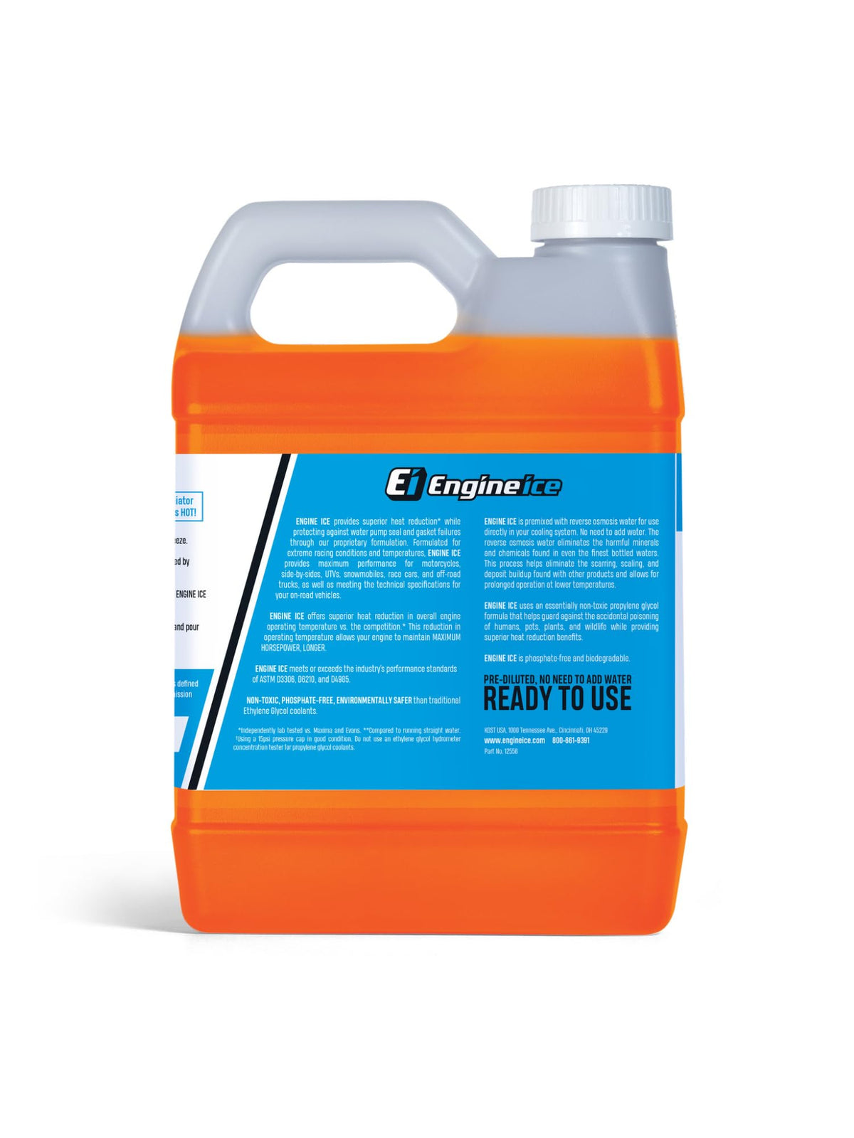 Engine Ice bottle neck pouring orange coolant, demonstrating easy pre-mixed use
