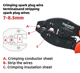 ENGINEMAN tool in use crimping spark plug wire for consistent secure connection