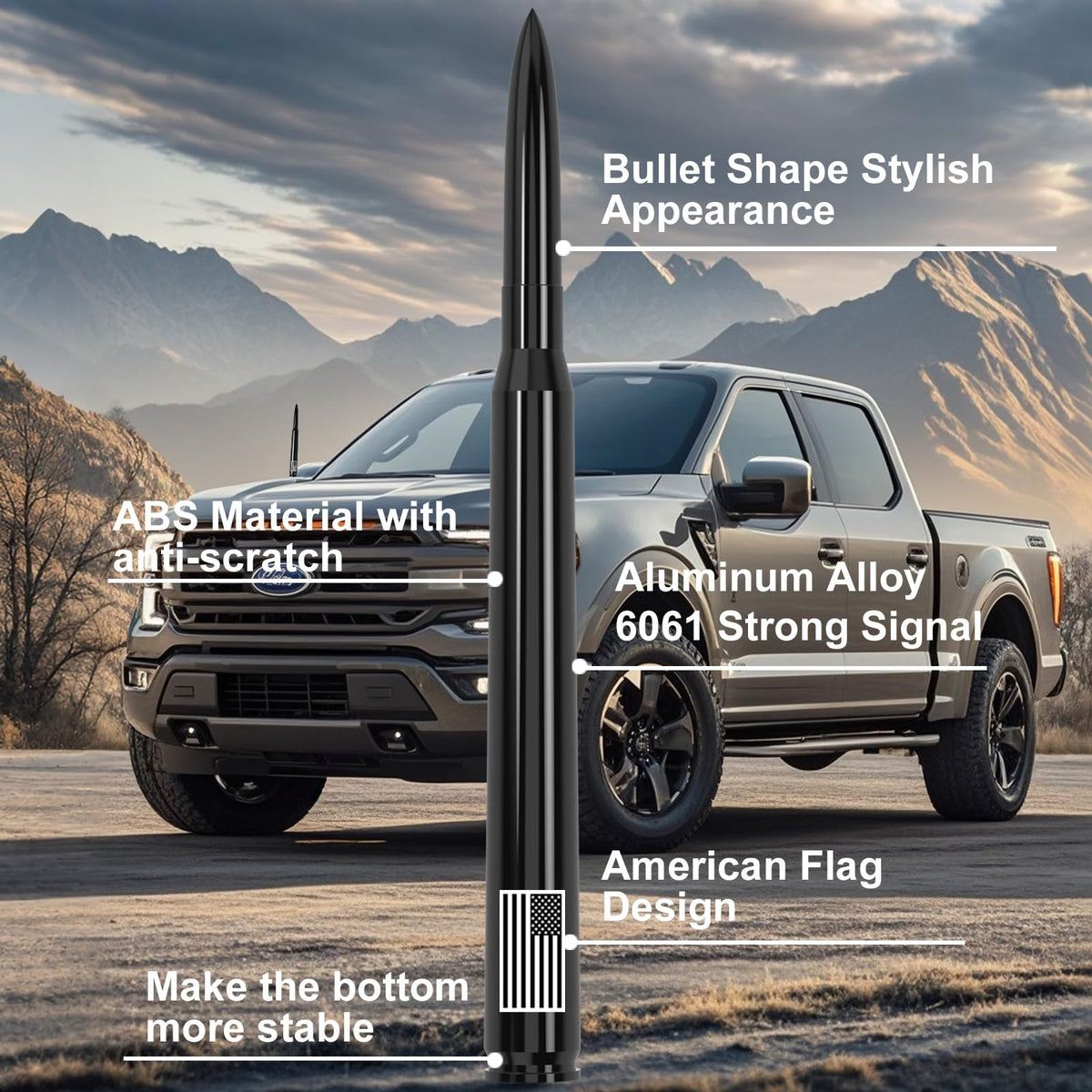 Engirette antenna mounted on truck side profile demonstrating low-profile clearance