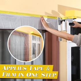 Enhon dispenser applied to baseboard trim delivering straight, protected paint lines