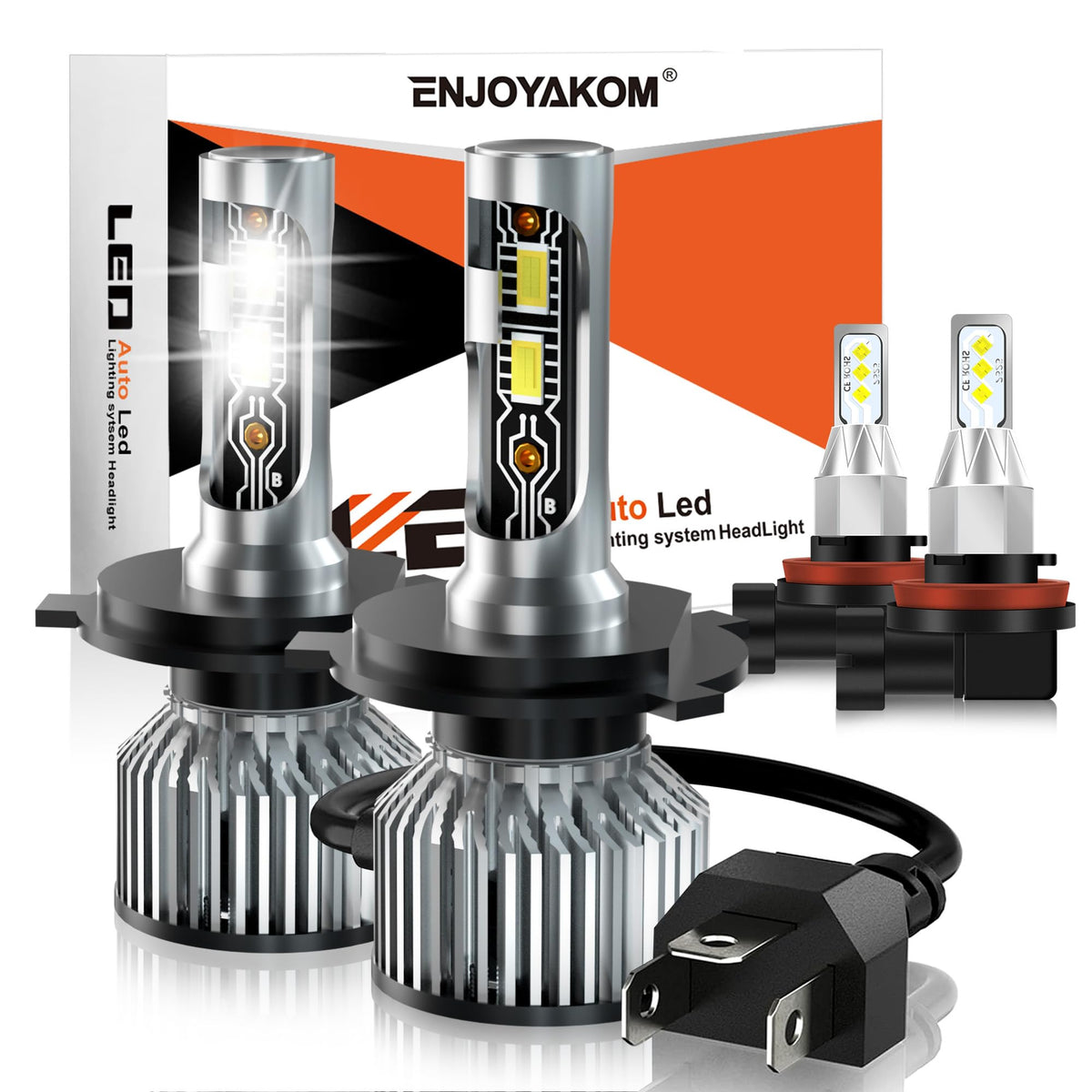 ENJOYAKOM front packaging kit showing bulbs and connectors, highlights easy install