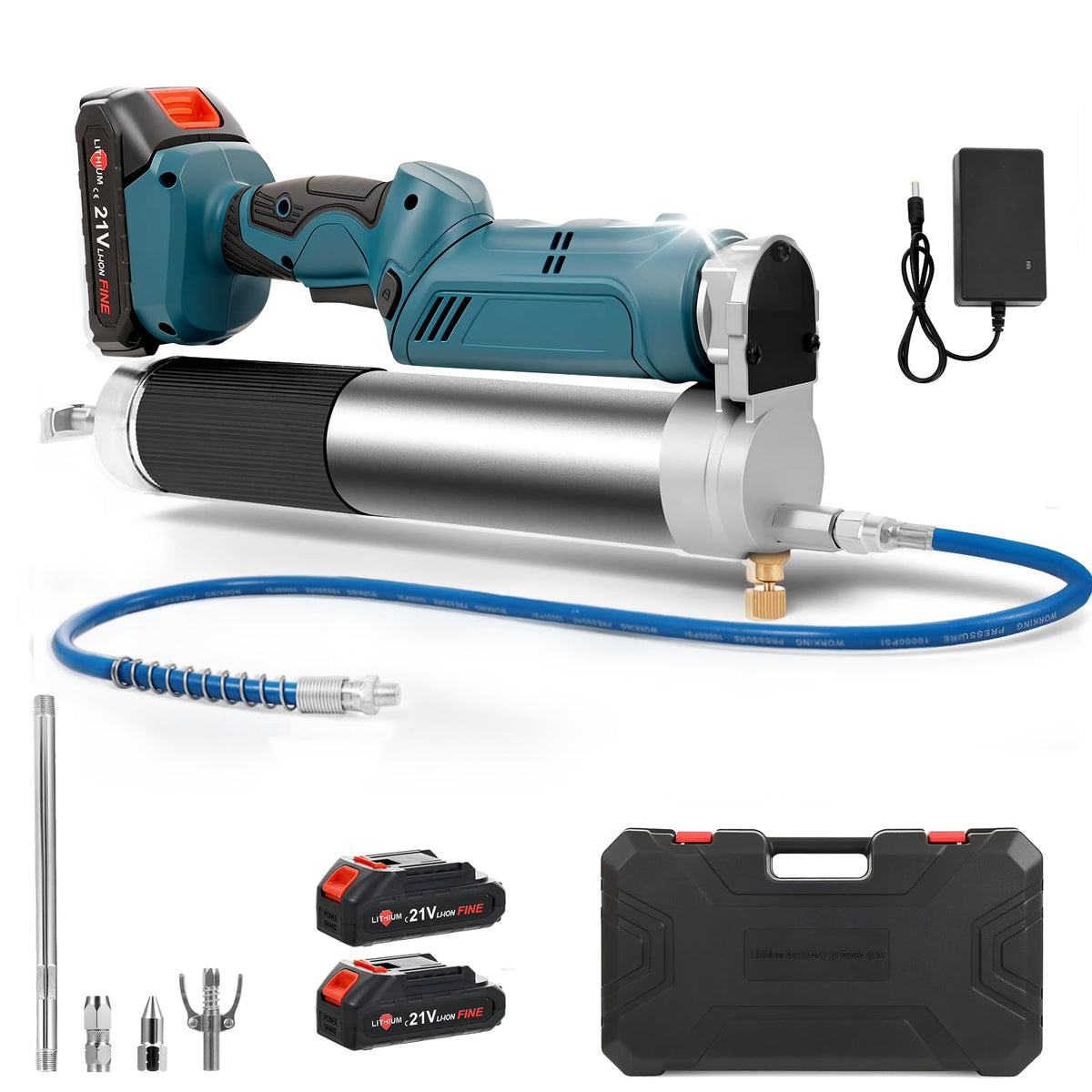 Enkreefi grease gun front view showing compact body and trigger for quick maintenance