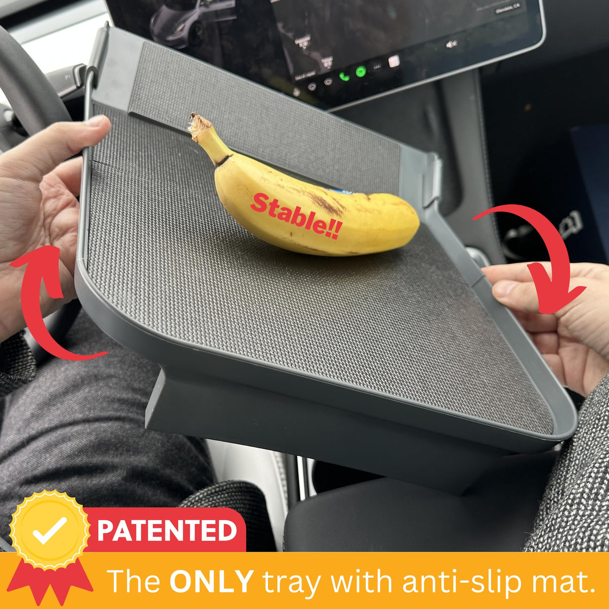 Ennovatools tray mounted in Model Y demonstrating stable eating surface benefit