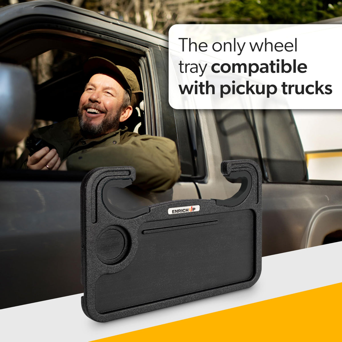 ENRICH UP dining side holding coffee and sandwich for quick vehicle meals